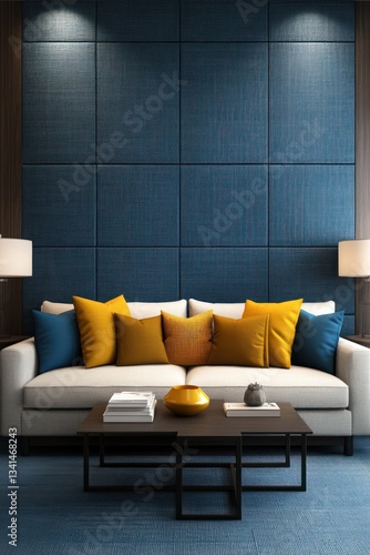 Modern living room, blue wall, white sofa, yellow pillows