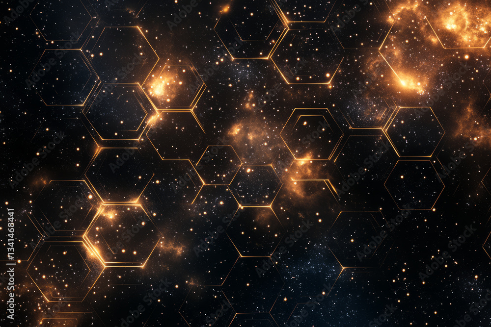 A space-themed 3D background where floating hexagons resemble satellite arrays, suspended in the dark void of space. Glowing star clusters peek through the gaps, adding a sense of interstellar mystery