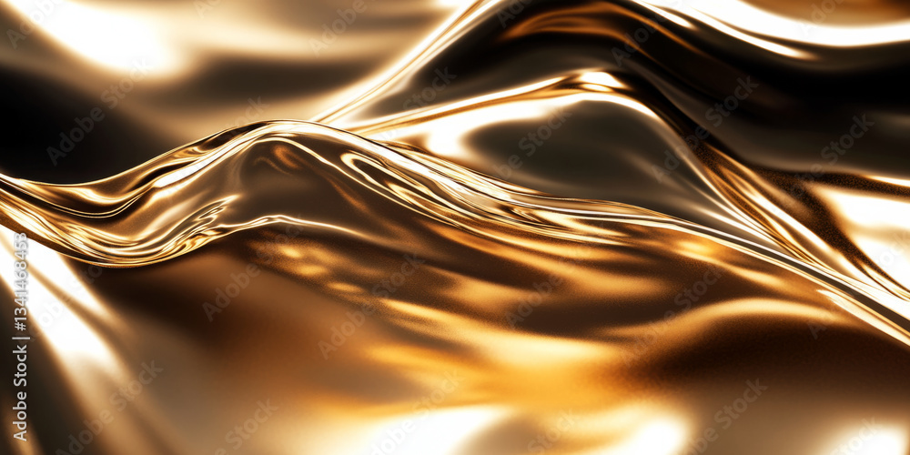 A luxurious 3D background showcasing a fluid, golden wave frozen in motion. The glossy metallic surface catches the ambient light, creating a stunning and elegant visual with a sense of movement.