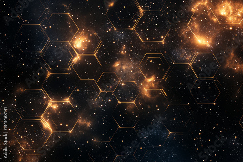Obraz na płótnie A space-themed 3D background where floating hexagons resemble satellite arrays, suspended in the dark void of space. Glowing star clusters peek through the gaps, adding a sense of interstellar mystery w salonie