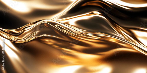 Obraz na płótnie A luxurious 3D background showcasing a fluid, golden wave frozen in motion. The glossy metallic surface catches the ambient light, creating a stunning and elegant visual with a sense of movement. w salonie