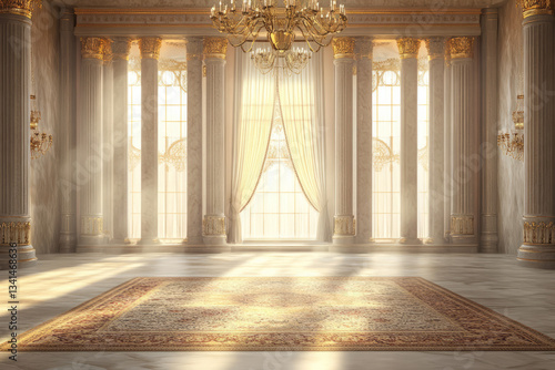 A vast desert oasis palace 3D background room with tall marble columns, golden chandeliers, and intricate Persian rugs. Soft natural sunlight filters through sheer silk curtains, adding warmth to the