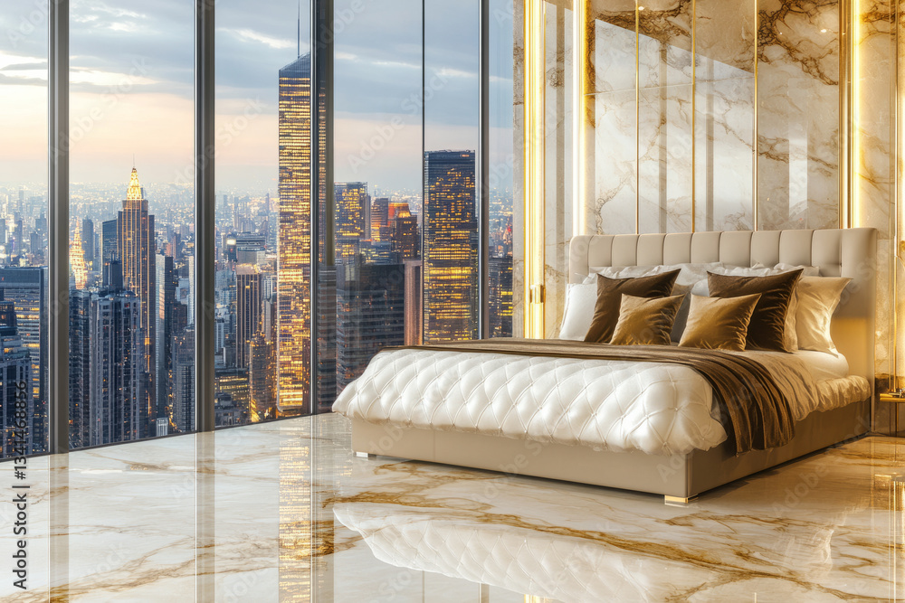 A luxurious five-star hotel suite 3D background room with floor-to-ceiling windows overlooking a city skyline, elegant marble floors, and a king-size bed adorned with plush designer pillows. The