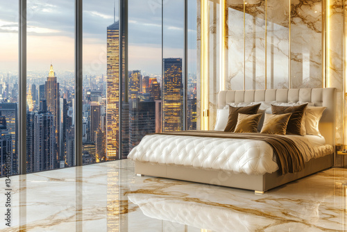 Obraz na płótnie A luxurious five-star hotel suite 3D background room with floor-to-ceiling windows overlooking a city skyline, elegant marble floors, and a king-size bed adorned with plush designer pillows. The w salonie