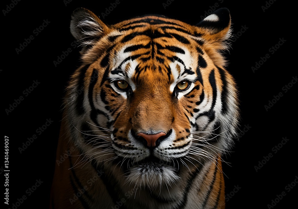 Fototapeta premium Close-up of a majestic tiger against a black background. Generative Ai