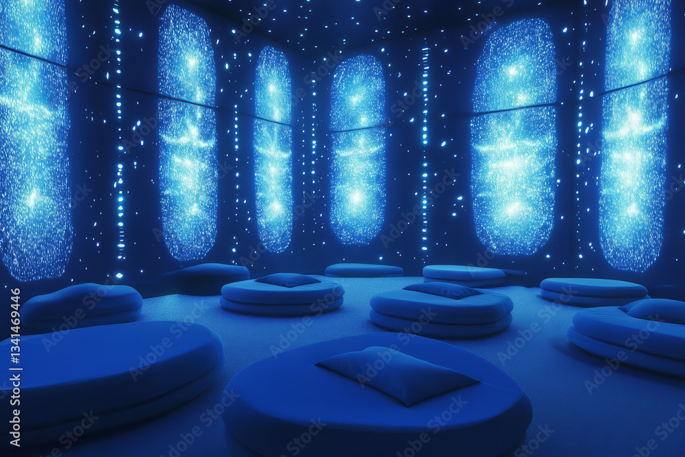 A futuristic zero-gravity meditation chamber 3D background room with floating cushions, glowing blue walls with shifting energy patterns, and a tranquil soundscape playing in the background. The
