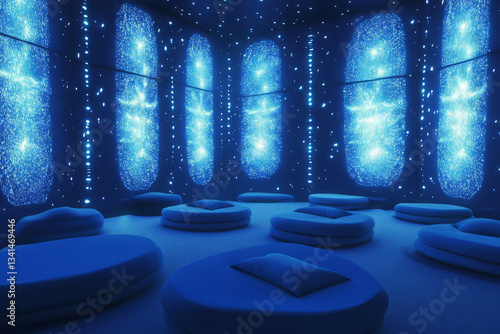 Obraz na płótnie A futuristic zero-gravity meditation chamber 3D background room with floating cushions, glowing blue walls with shifting energy patterns, and a tranquil soundscape playing in the background. The w salonie
