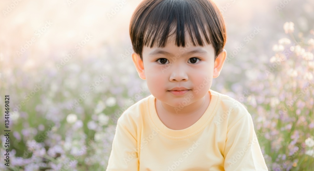 Asian child in yellow shirt sitting in flower field Asian child in yellow shirt sitting in flower field
