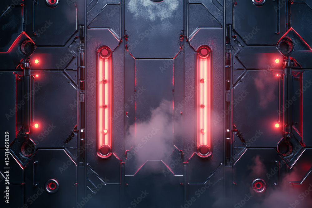 A cyberpunk-inspired 3D background featuring metallic hexagonal plates bolted together, with some emitting steam and neon red lights. The industrial and gritty sci-fi atmosphere makes it ideal for