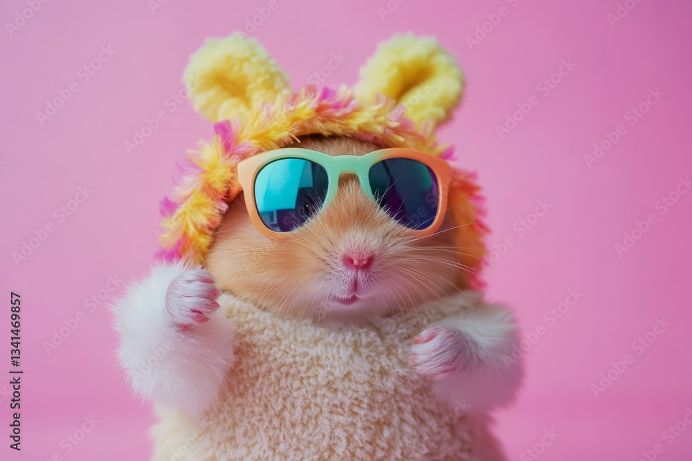 Obraz premium Adorable Hamster in Colorful Sunglasses and Bunny Ears on a Bright Pink Background