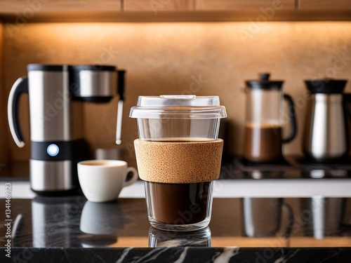 A glass coffee cup with a cork lid and a white lid sits on a black countertop, accompanied by a coffee maker and a white mug.