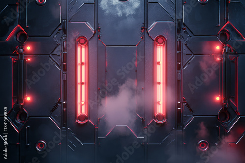 Obraz na płótnie A cyberpunk-inspired 3D background featuring metallic hexagonal plates bolted together, with some emitting steam and neon red lights. The industrial and gritty sci-fi atmosphere makes it ideal for w salonie