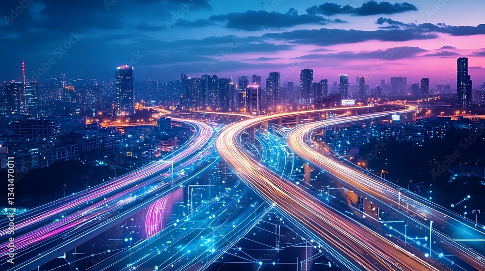 Fototapeta premium A vibrant cityscape at dusk with illuminated highways and skyscrapers.