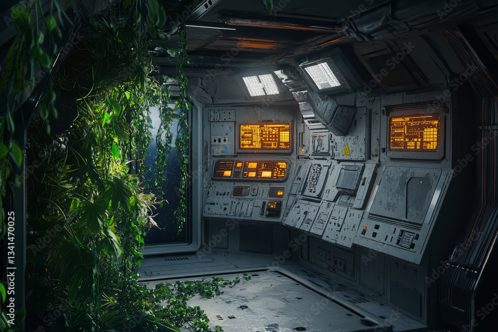 A mysterious abandoned spaceship interior 3D background room with flickering emergency lights, broken control panels, and overgrown alien vines creeping along the walls. The eerie silence and dim