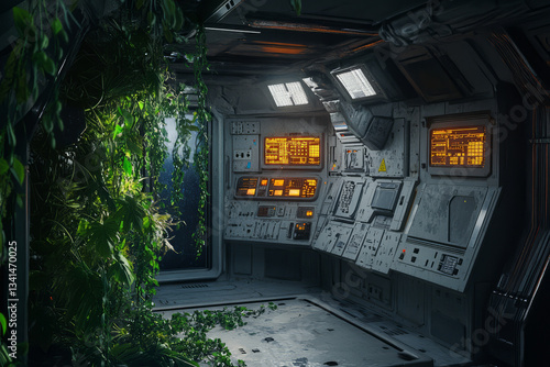 Obraz na płótnie A mysterious abandoned spaceship interior 3D background room with flickering emergency lights, broken control panels, and overgrown alien vines creeping along the walls. The eerie silence and dim w salonie