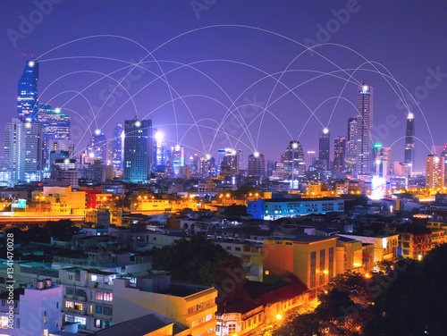 Wallpaper Mural Illuminated skyscraper at night with network and connection concept Torontodigital.ca