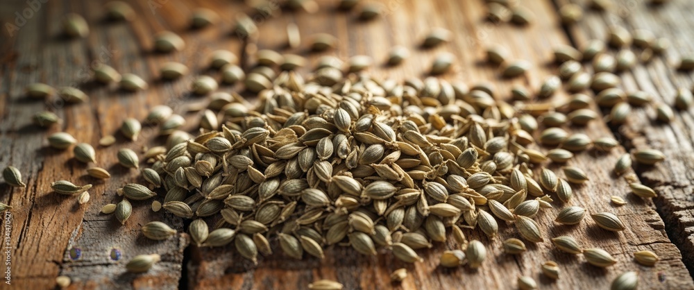 Obraz premium Close Up of Cannabis Hemp Seeds Spread on Rustic Wooden Surface for Natural Food and Health Concepts.