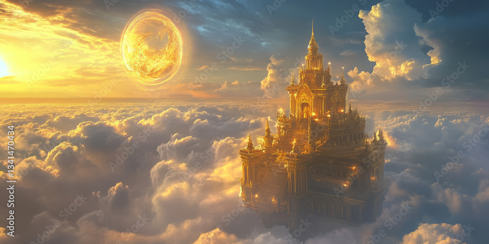 A fantasy-themed 3D background showcasing an ancient floating temple above swirling clouds. The golden architecture contrasts with the deep blue sky, while the soft glowing light adds an ethereal and