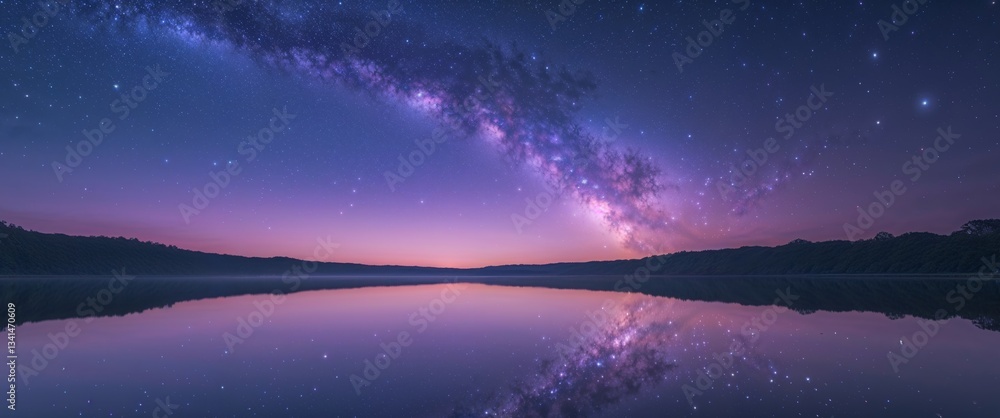 Fototapeta premium Serene Night Reflection of the Milky Way Over a Tranquil Lake.