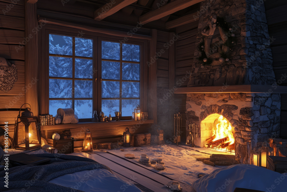 A cozy winter cabin 3D background room with a roaring fireplace, snow-covered windows, and a rustic wooden interior filled with warm blankets, glowing lanterns, and steaming mugs of cocoa. The