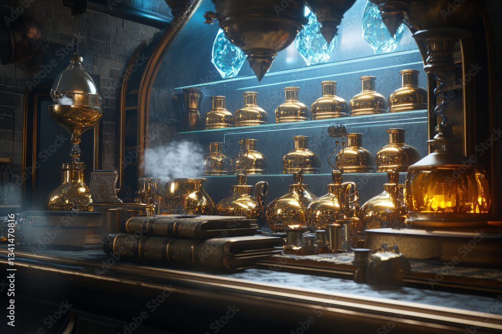 A majestic royal alchemy lab 3D background room with golden potion flasks glowing on glass shelves, ancient scrolls filled with powerful spells, bubbling cauldrons emitting mystical fumes, and a