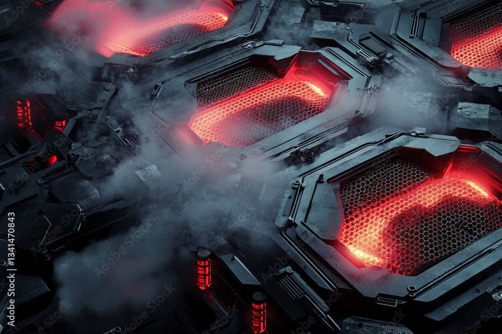 A cyberpunk-inspired 3D background featuring metallic hexagonal plates bolted together, with some emitting steam and neon red lights. The industrial and gritty sci-fi atmosphere makes it ideal for