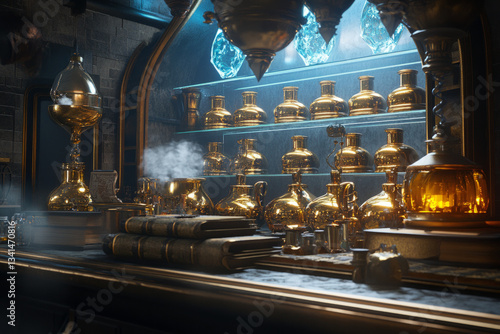 A majestic royal alchemy lab 3D background room with golden potion flasks glowing on glass shelves, ancient scrolls filled with powerful spells, bubbling cauldrons emitting mystical fumes, and a