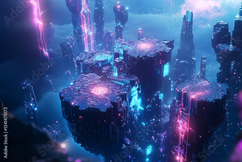 A futuristic 3D background where hexagonal tiles form a layered, multidimensional structure. Some hexagons are elevated, while others sink into the dark, metallic surface, creating a high-tech,
