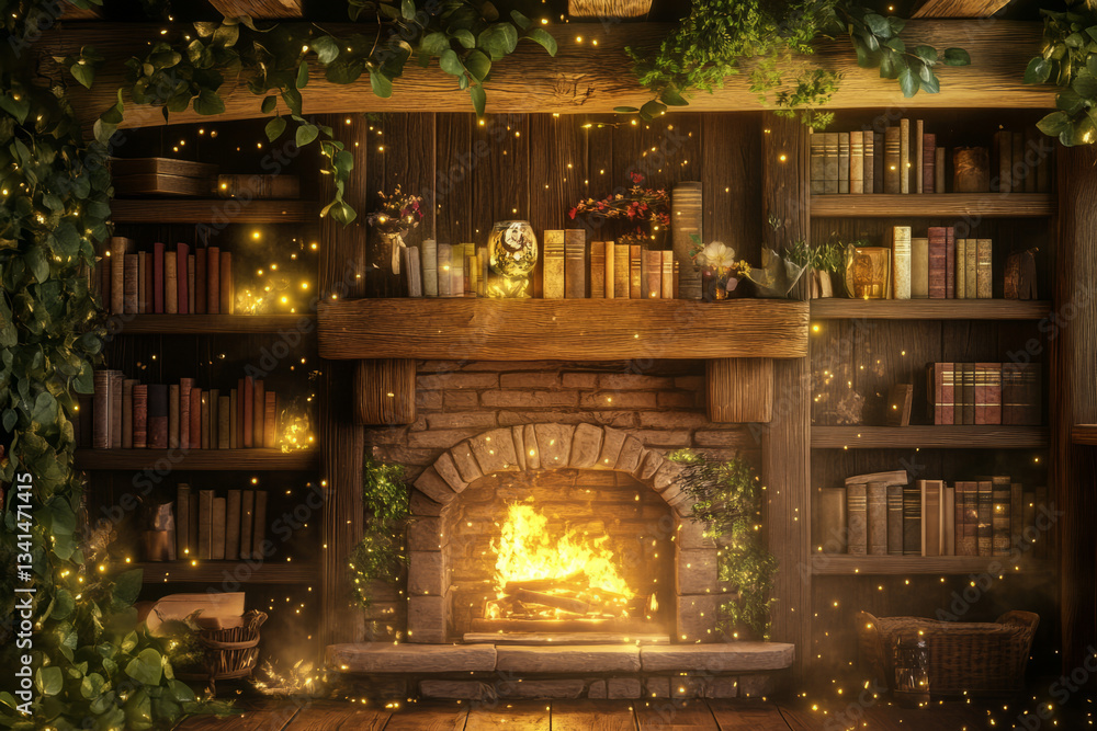A magical fairy tale cottage 3D background room with rustic wooden beams, ivy-covered walls, and a cozy fireplace illuminating shelves filled with enchanted books. Glowing fairy dust floats through