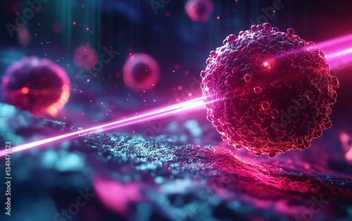 Hightech laser beams targeting specific cancer cells, representing cuttingedge oncology technology, dramatic lighting, realistic details, vibrant color contrast