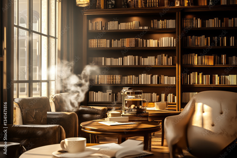 A cozy book café 3D background room with warm wooden shelves packed with books, soft golden lighting, and steaming cups of coffee on rustic tables. The inviting atmosphere is enhanced by plush