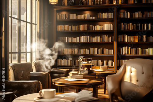 Obraz na płótnie A cozy book café 3D background room with warm wooden shelves packed with books, soft golden lighting, and steaming cups of coffee on rustic tables. The inviting atmosphere is enhanced by plush w salonie