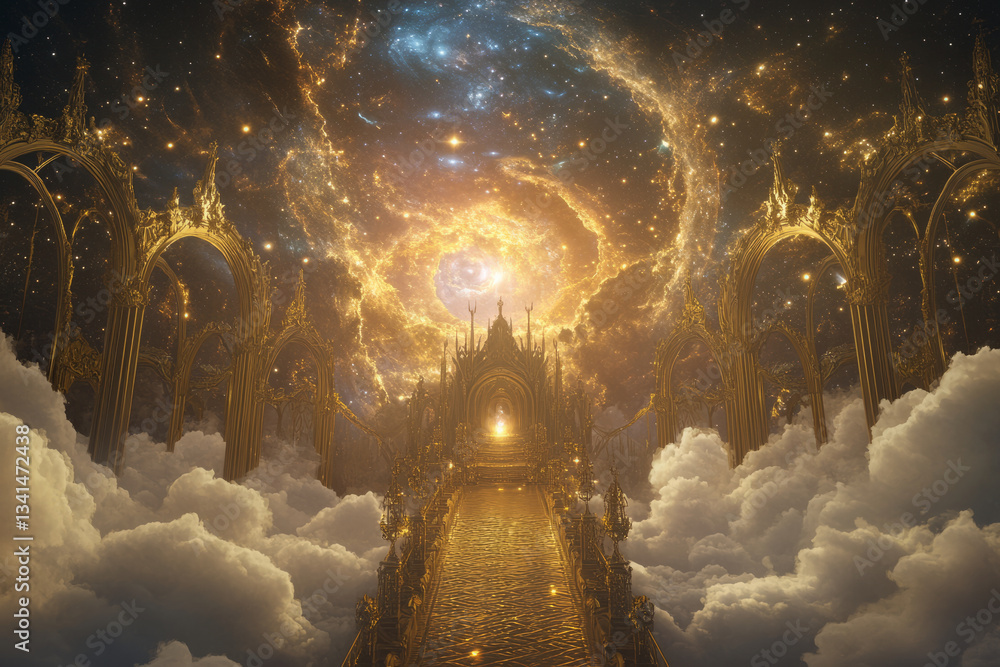 A grand celestial palace 3D background room floating above the clouds, featuring golden bridges connecting different chambers, swirling galaxies visible through open archways, and a divine throne