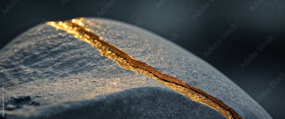 A close up of a gray stone with a golden crack.