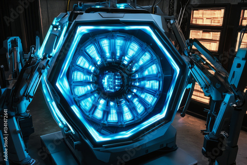 Obraz na płótnie A sci-fi energy generator with massive rotating hexagonal plasma coils. The luminous blue electric arcs pulse with power, while robotic arms adjust energy levels. The high-tech facility is designed w salonie