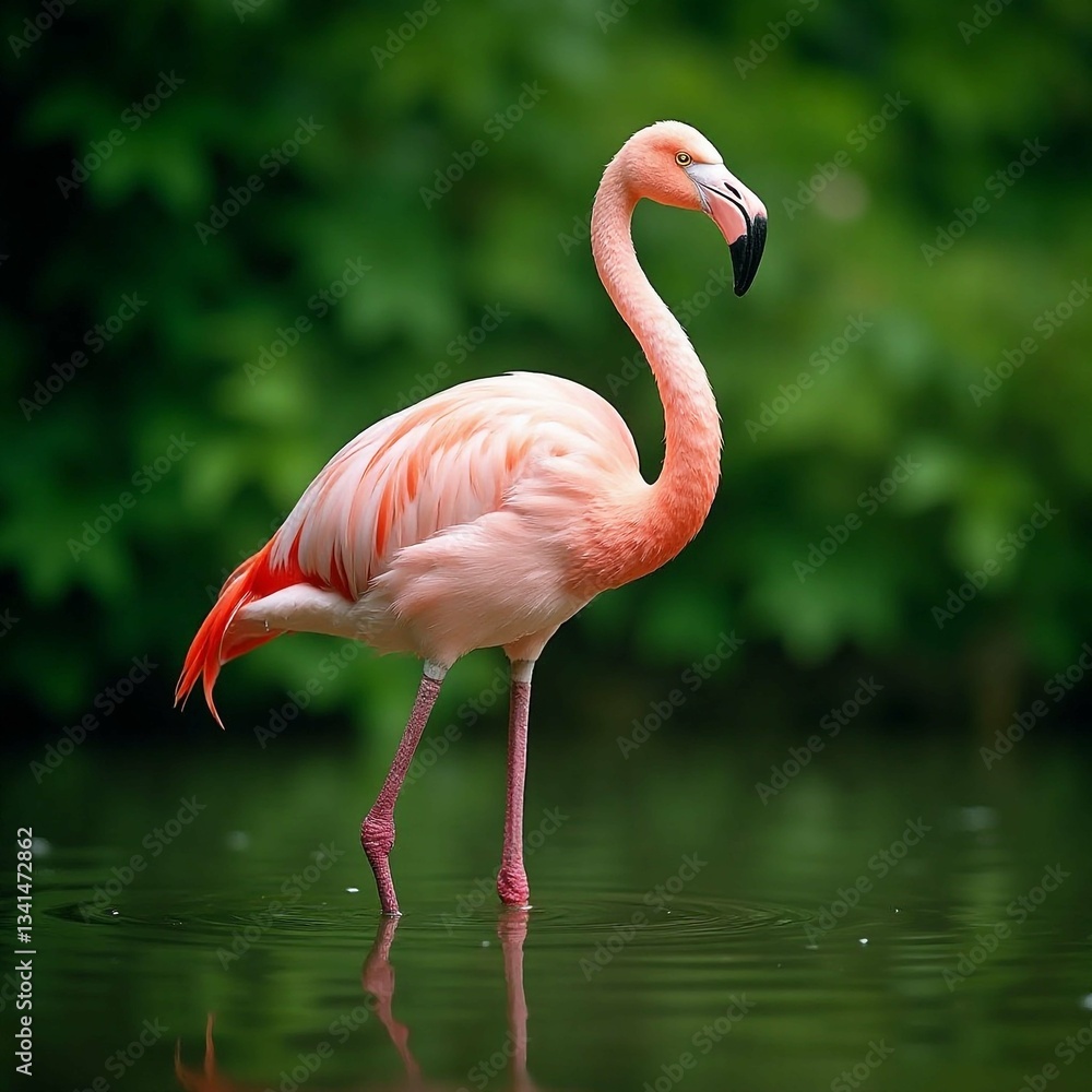 Fototapeta premium Pink Flamingo Standing in Water with Green Foliage Background – Wildlife Photography