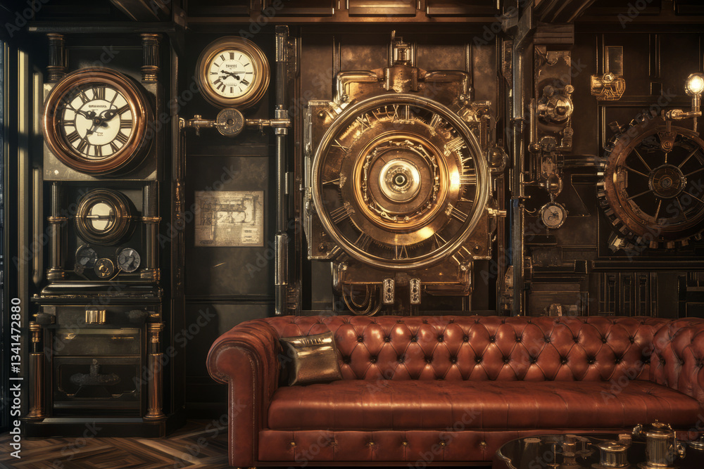 A steampunk-inspired lounge 3D background room with brass and copper machinery, antique clocks, and a grand leather sofa. The intricate mechanical details and warm lighting create a rich,