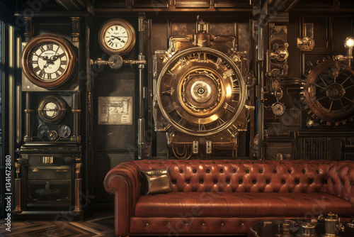 Obraz na płótnie A steampunk-inspired lounge 3D background room with brass and copper machinery, antique clocks, and a grand leather sofa. The intricate mechanical details and warm lighting create a rich, w salonie