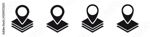 Four black location icons with circles perched on three overlapping squares in a horizontal arrangement.