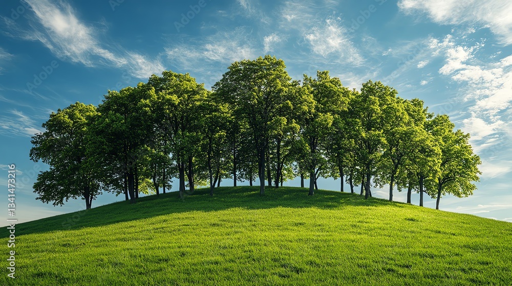 Lush green trees standing together on a grassy mound, creating a vibrant and peaceful scene that captures the essence of nature s tranquility Lush green trees standing together on a grassy mound, creating a vibrant and peaceful scene that captures the essence of nature s tranquility