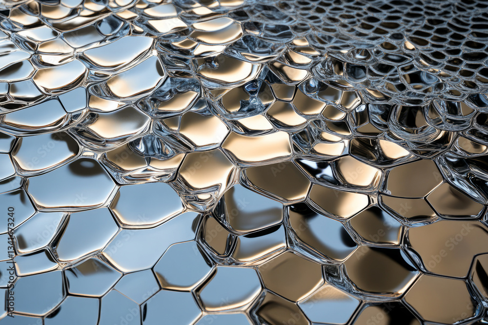 A liquid metal 3D background where hexagonal panels seamlessly morph and reshape into different structures. The fluid metallic texture, combined with smooth dynamic reflections, creates a futuristic