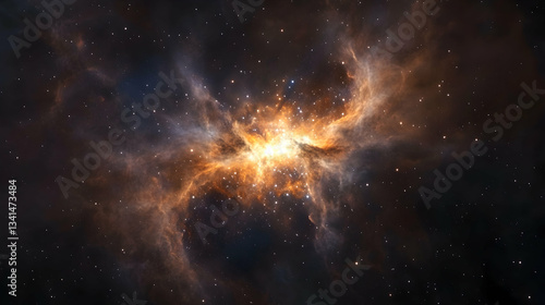 A bright and intricate nebula with golden and white glowing gas and dust, resembling a cosmic butterfly or hourglass.
