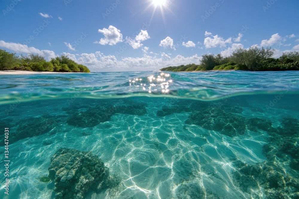 Fototapeta premium An enchanting underwater view showcases a vibrant coral reef ecosystem, emphasizing the diversity, beauty, and fragility of marine life in crystal-clear turquoise waters.