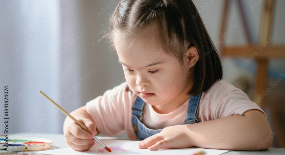 Young asian girl with down syndrome painting at home art studio Young asian girl with down syndrome painting at home art studio