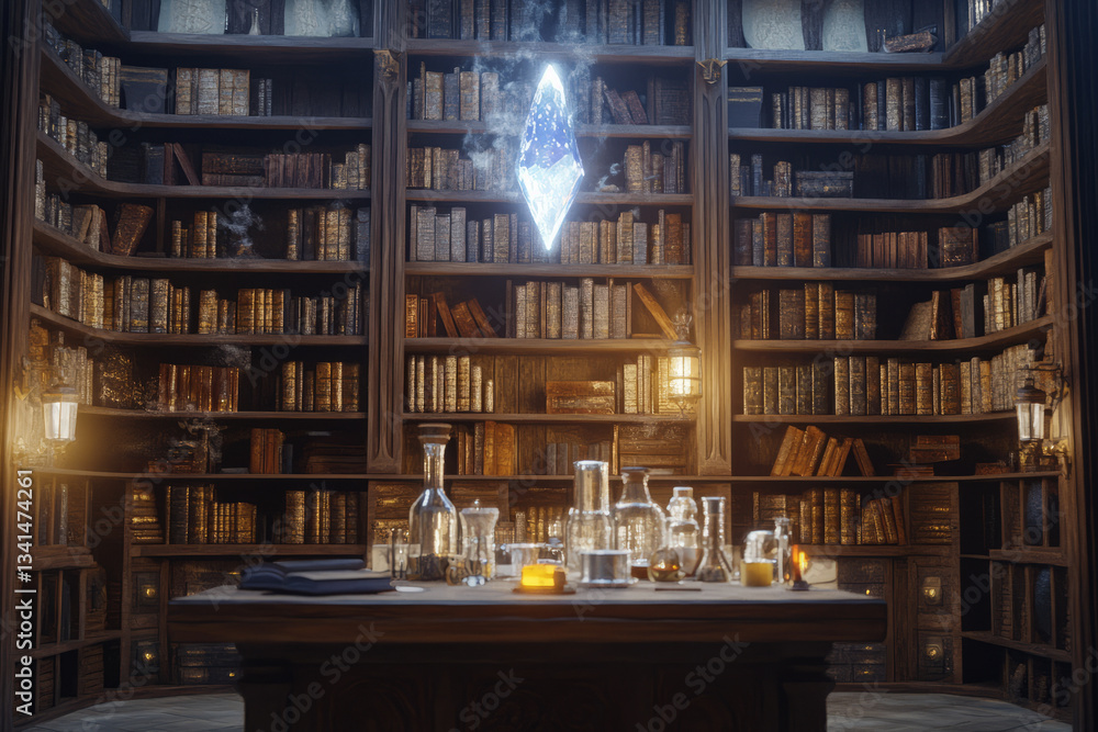 A medieval wizard’s library 3D background room with towering bookshelves filled with ancient spellbooks, glowing potions bubbling in glass vials, and a magical crystal floating above a wooden desk