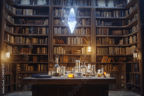 Obraz na płótnie A medieval wizard’s library 3D background room with towering bookshelves filled with ancient spellbooks, glowing potions bubbling in glass vials, and a magical crystal floating above a wooden desk w salonie