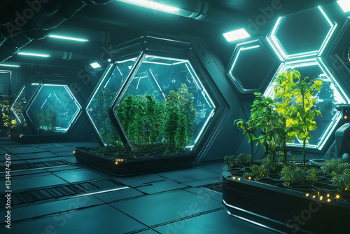 A futuristic greenhouse with hexagonal bio-domes growing genetically enhanced plants under AI-controlled conditions. The glowing hydroponic systems, robotic tenders, and cybernetic environmental