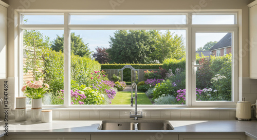 a kitchen with a large window above the sink overlooking a garden natural light