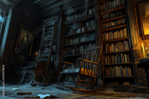Obraz na płótnie A haunted Victorian mansion library 3D background room with towering bookshelves covered in cobwebs, flickering candlelight casting eerie shadows, an old wooden rocking chair creaking on its own, w salonie