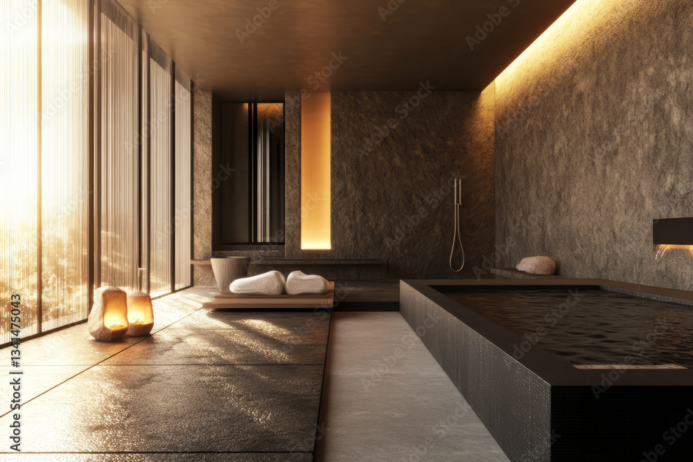 A luxury modern spa retreat 3D background room with a minimalist zen aesthetic, featuring a large heated onsen, smooth stone walls, and soft ambient lighting. The sound of gently trickling water